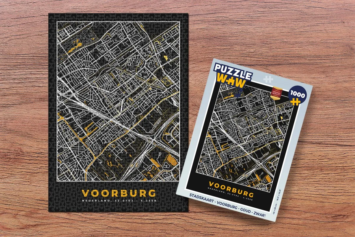 PuzzleWow Stadskaart Voorburg Legpuzzel 1000 Stuks - Goud/Zwart