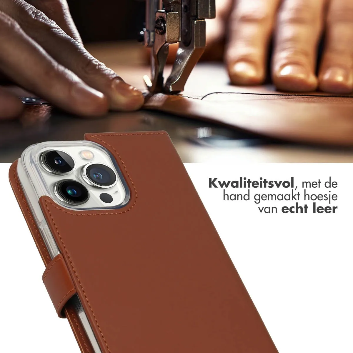 Selencia Hoesje iPhone 14 Pro Max - Echt Leder Lichtbruin