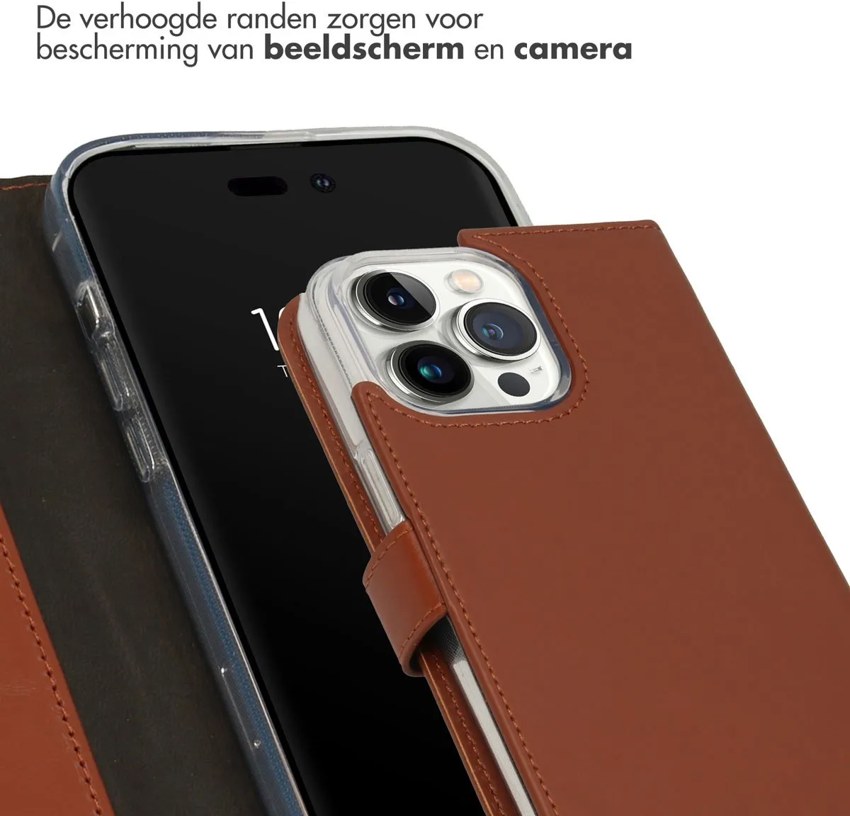 Selencia Hoesje iPhone 14 Pro Max - Echt Leder Lichtbruin