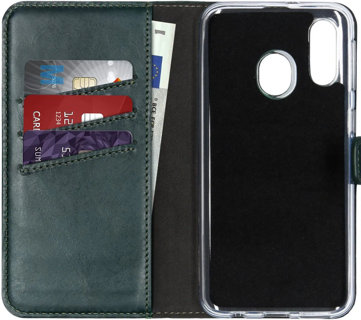 Selencia Hoesje Samsung Galaxy A40 - Groen Lederen Bookcase - 3 Pasjes