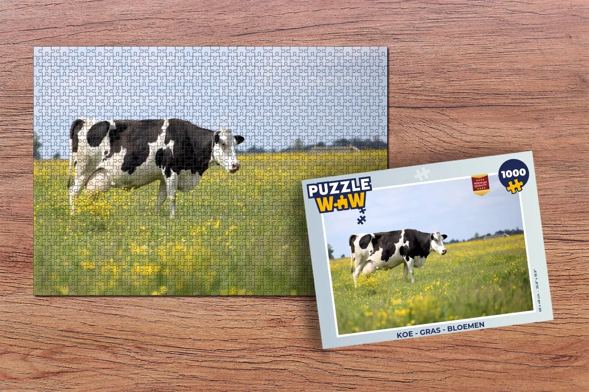 PuzzleWow Legpuzzel Koe Gras Bloemen 1000 Stuks - Multicolor