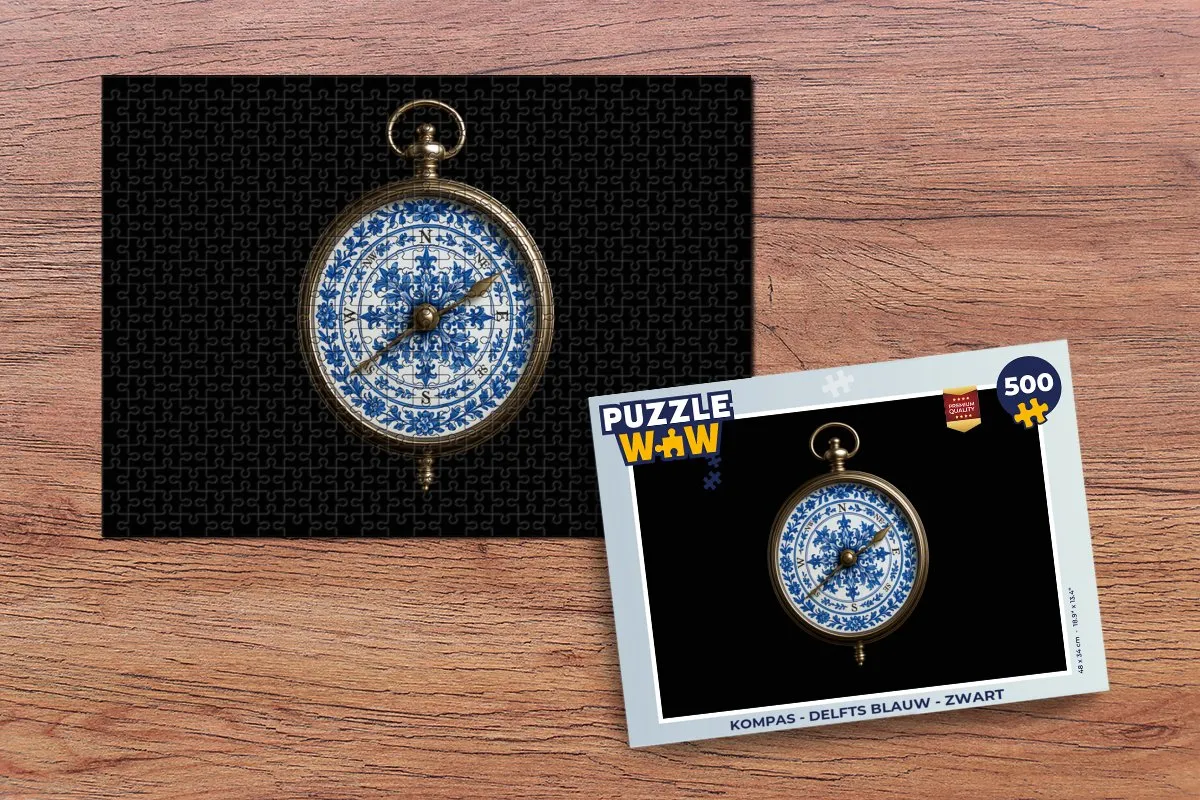 PuzzleWow Kompas Legpuzzel 500 Stuks - Delfts Blauw/Zwart