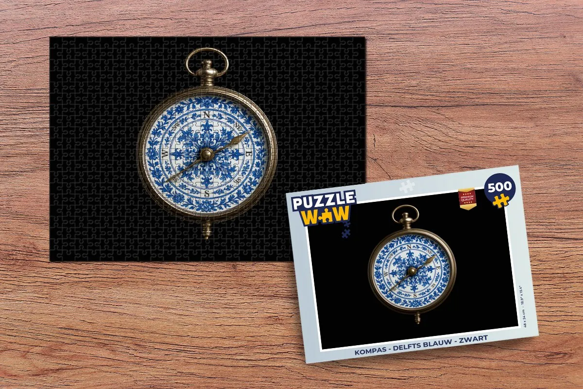 PuzzleWow Kompas Legpuzzel 500 Stuks - Delfts Blauw/Zwart