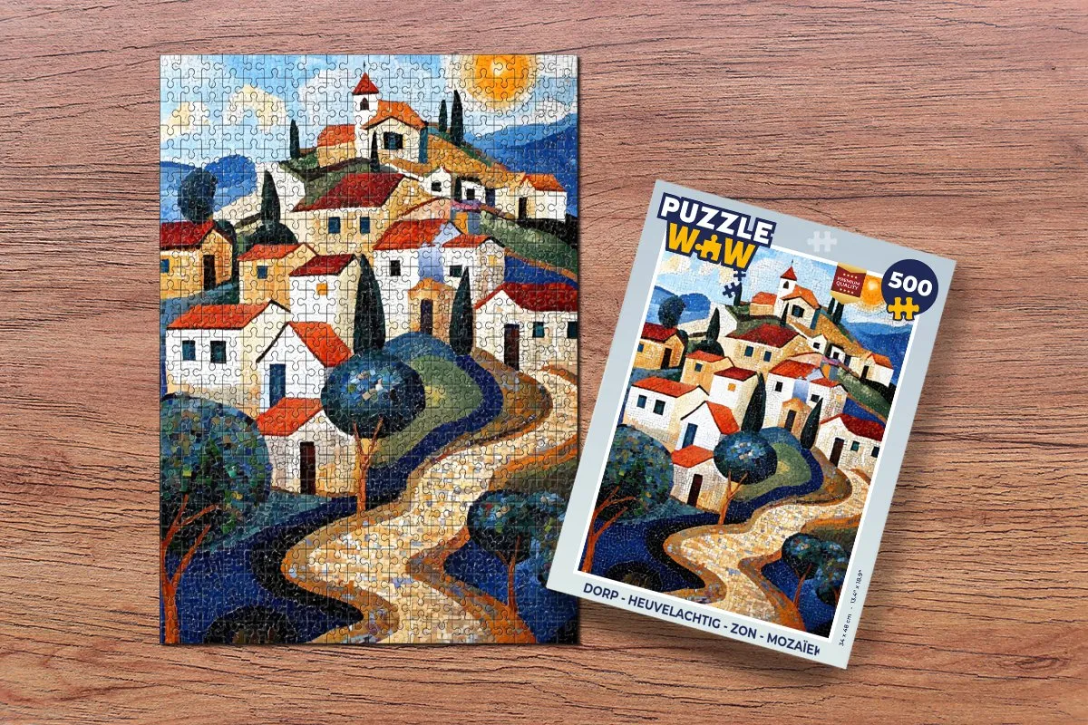 PuzzleWow Mozaïek Legpuzzel 500 Stuks - Dorp Heuvel Zon