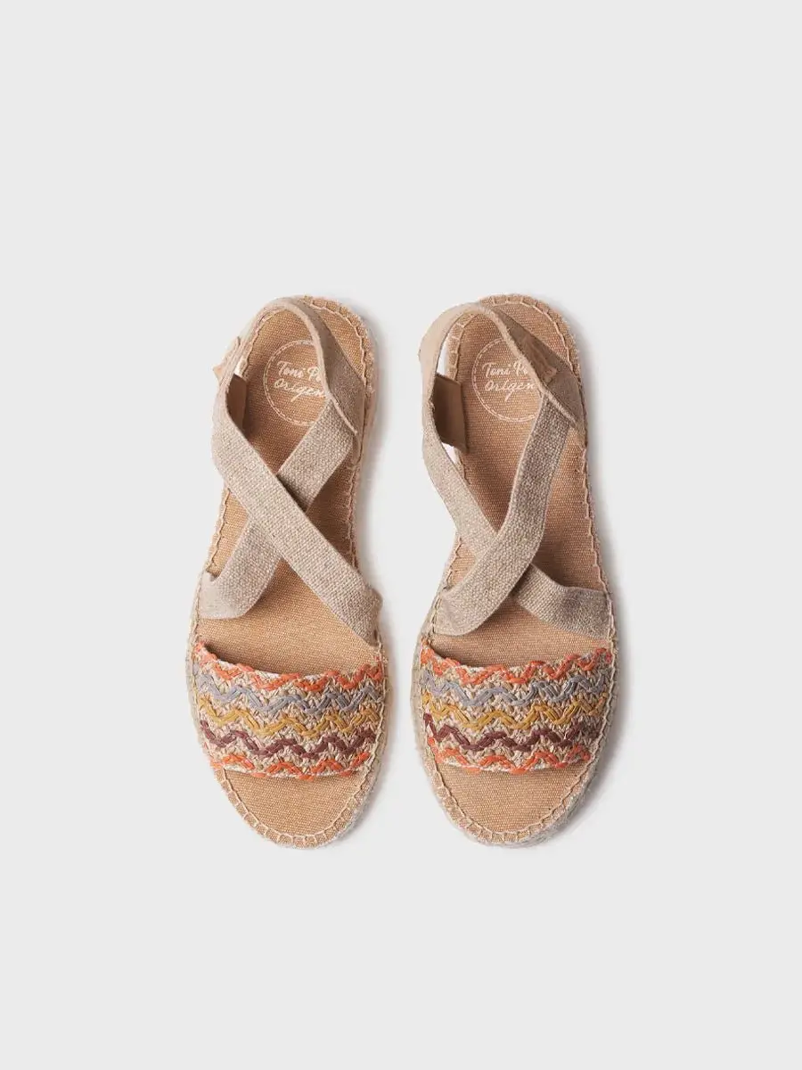 Dames espadrille met jute sleehak en veelkleurige banden