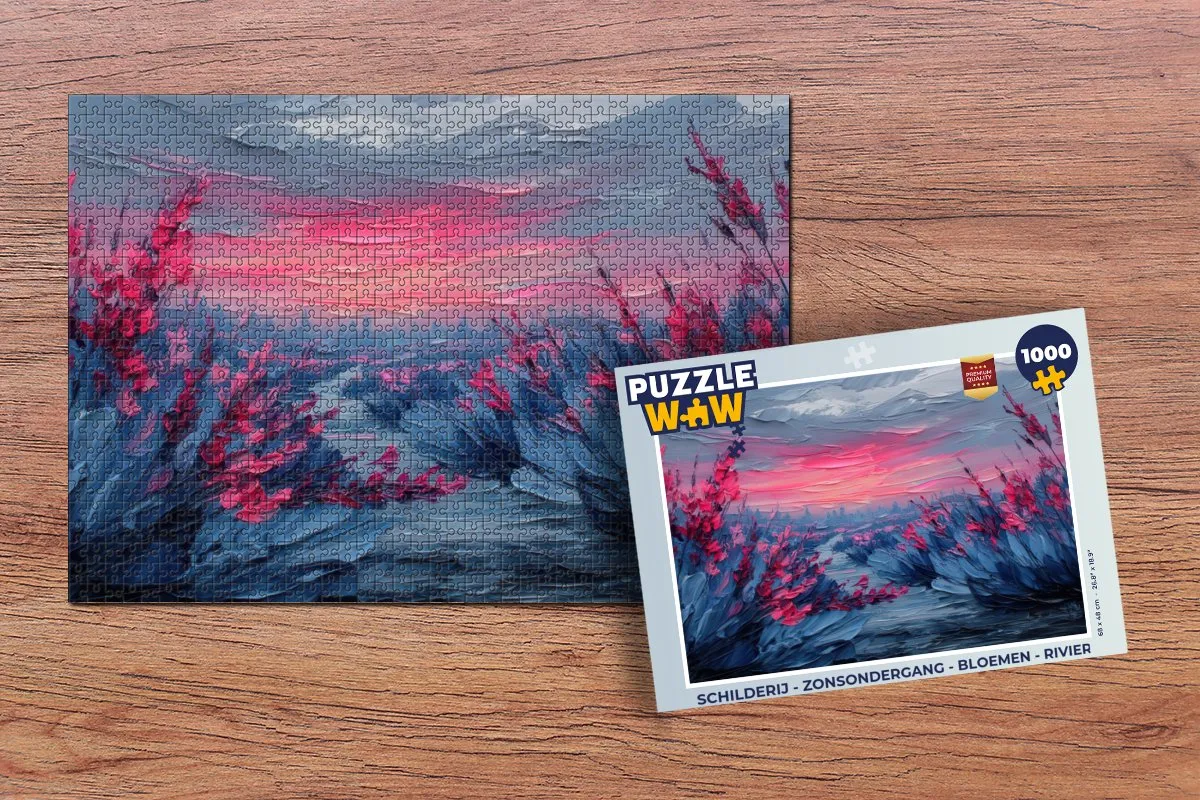 PuzzleWow Legpuzzel Zonsondergang Bloemen Rivier 1000 Stuks
