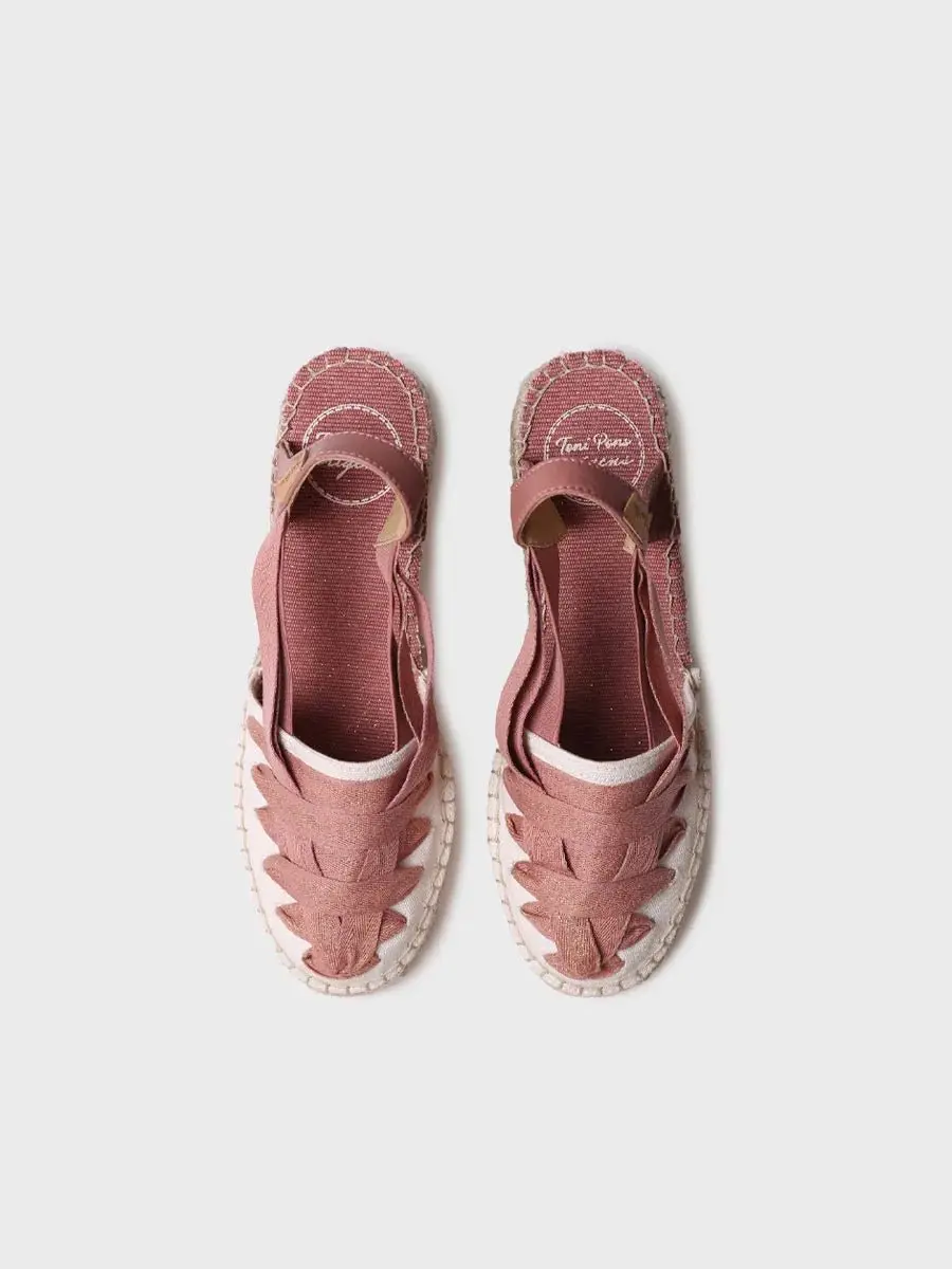 Dames espadrille van ruw katoen met sleehak en linten