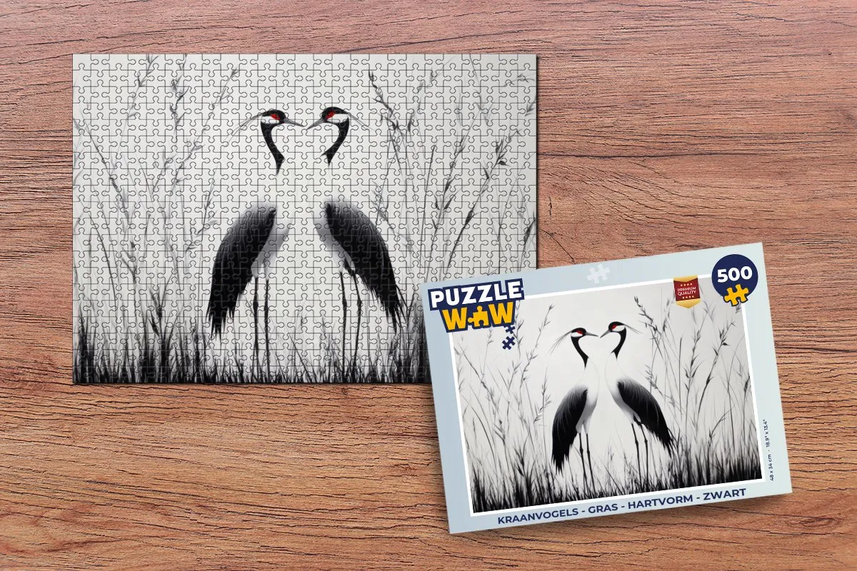 PuzzleWow Kraanvogels Gras Legpuzzel 500 Stuks - Hartvorm - Zwart