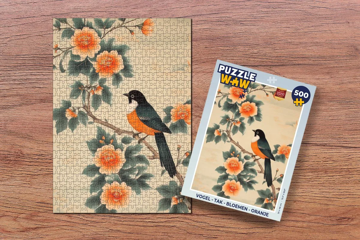 PuzzleWow Vogel Tak Bloemen Legpuzzel 500 Stuks - Oranje