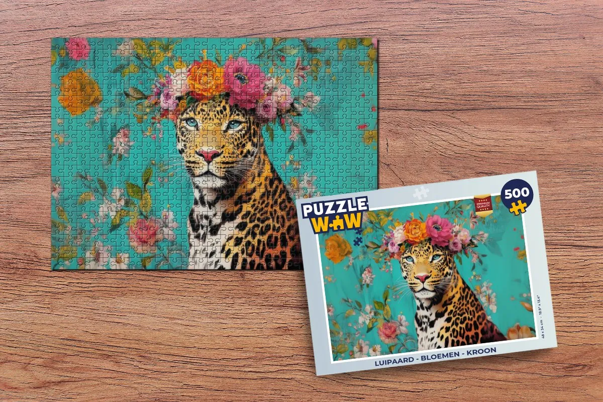 PuzzleWow Luipaard - Bloemen Kroon Legpuzzel 500 Stuks - 8721169390703