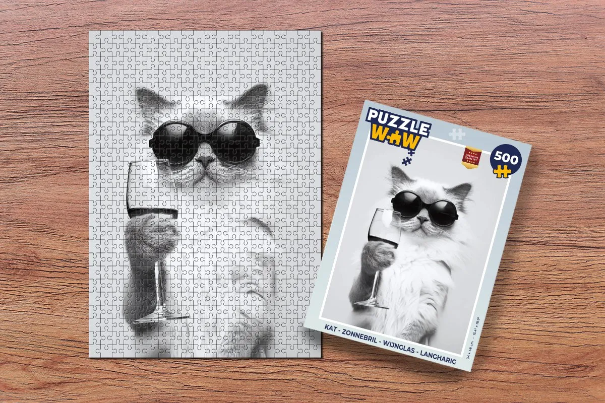 PuzzleWow Kat met Zonnebril & Wijnglas Legpuzzel 500 Stuks