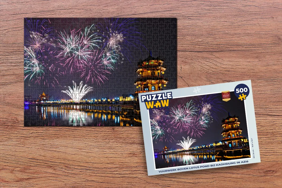 PuzzleWow Legpuzzel Vuurwerk boven Lotus Pond 500 Stuks - Multicolor