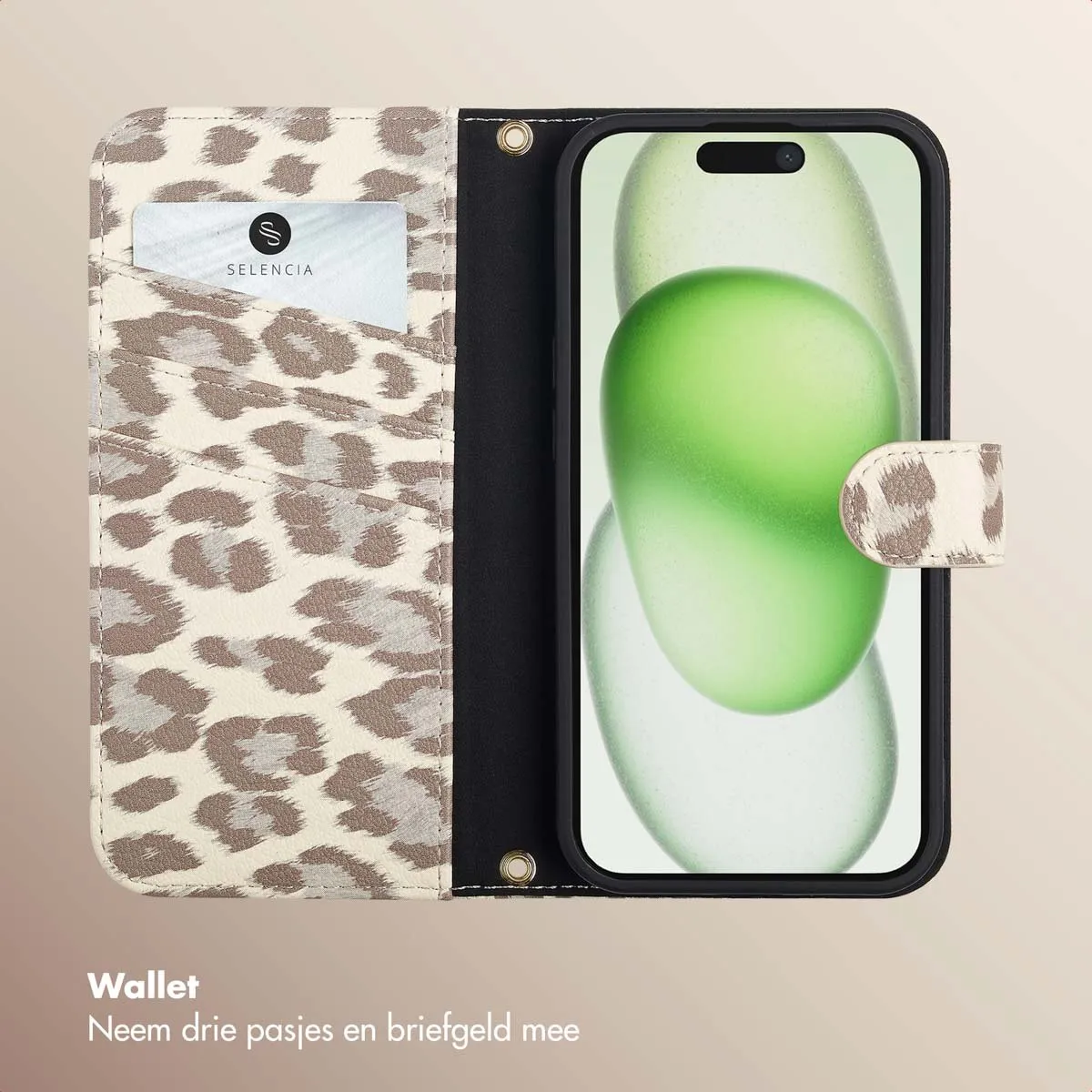 Selencia Hoesje iPhone 15 Sabi Bookcase - 3 Pasjes - Beige