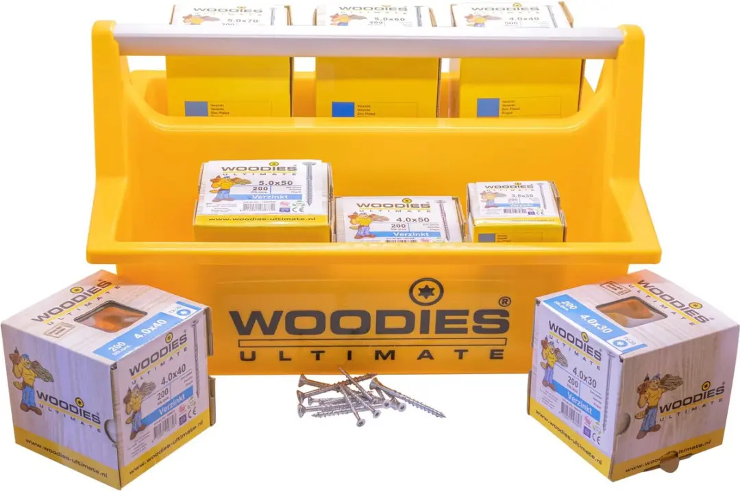 WOODIES ULTIMATE DRAAGKIST GEEL GEVULD MET 2100 STUKS SCHROEVEN + MAGNEETHOUDER