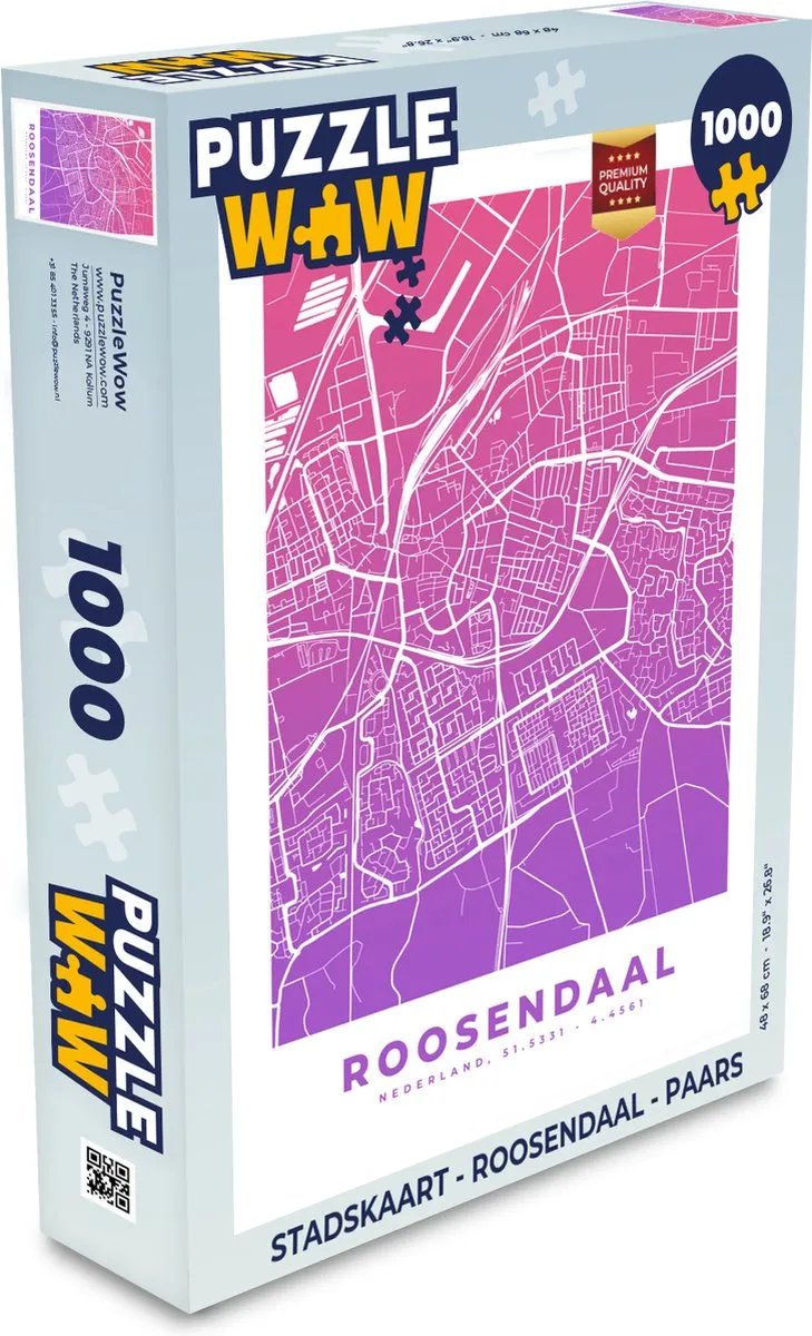 PuzzleWow Stadskaart Roosendaal Legpuzzel 1000 Stuks - Paars