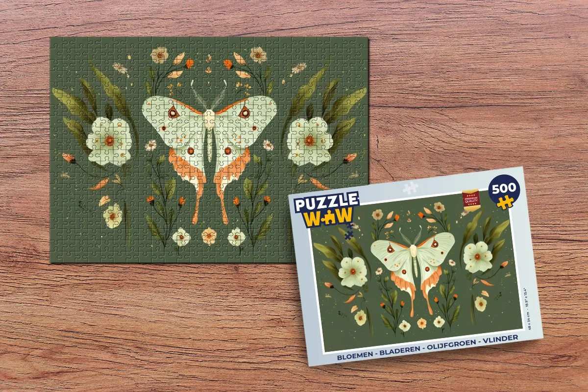 PuzzleWow Bloemen & Vlinders Legpuzzel 500 Stuks - Olijfgroen