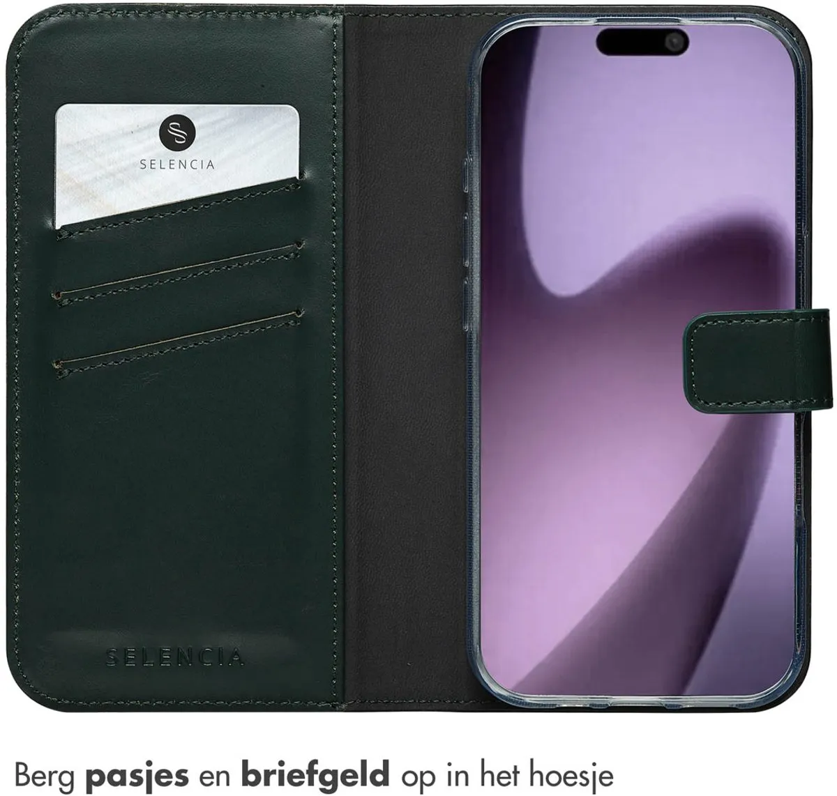 Selencia Hoesje iPhone 17 Groen - Lederen Bookcase 3 Pasjes