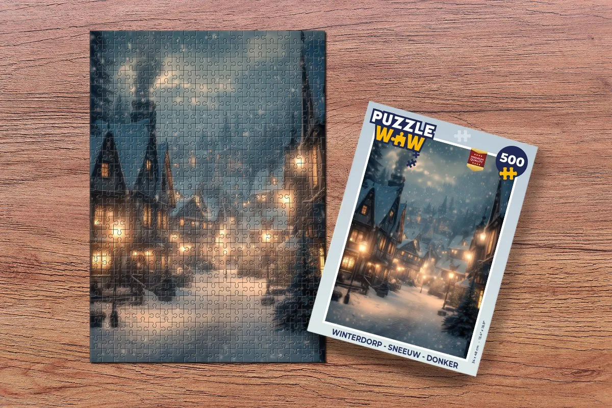 PuzzleWow Winterdorp Sneeuw Donker Puzzel 500 Stuks