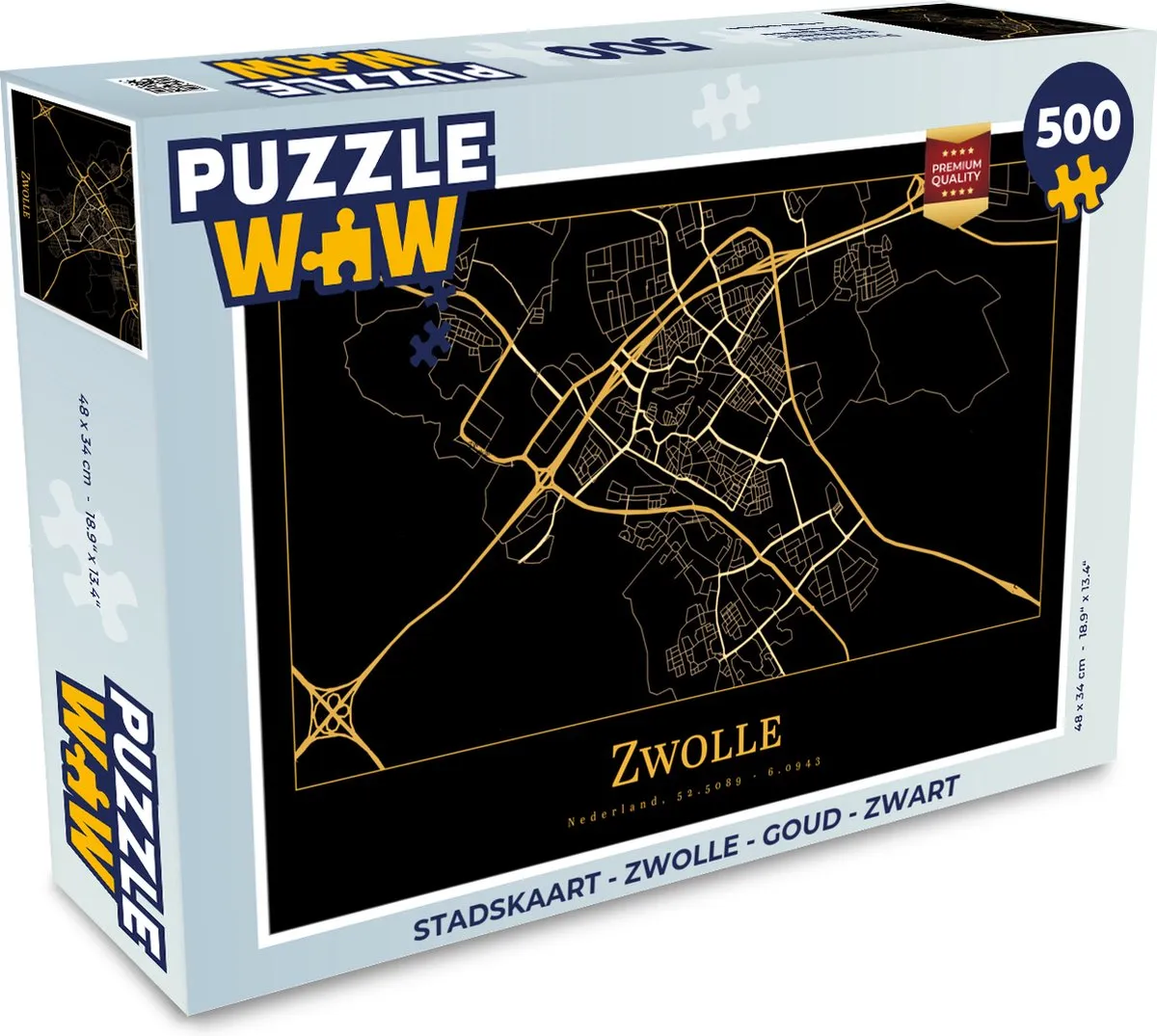 PuzzleWow Stadskaart Zwolle Legpuzzel 500 Stuks - Goud/Zwart