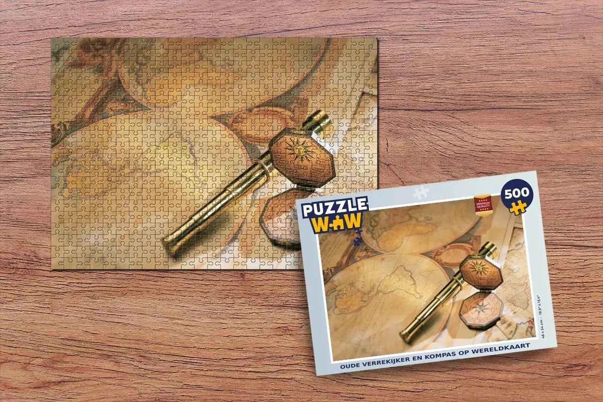 PuzzleWow Oude Verrekijker & Kompas Wereldkaart Legpuzzel 500 Stuks - Multicolor