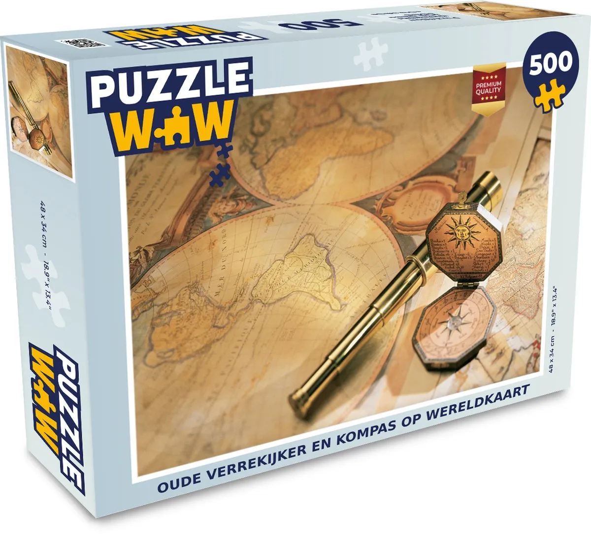 PuzzleWow Oude Verrekijker & Kompas Wereldkaart Legpuzzel 500 Stuks - Multicolor