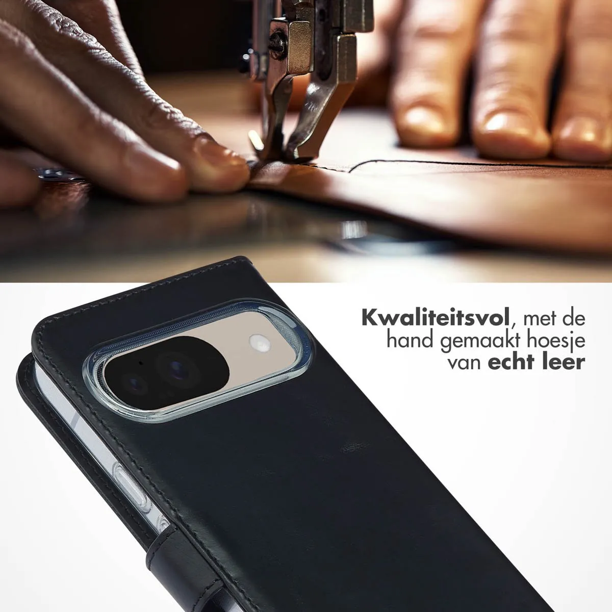 Selencia Hoesje Google Pixel 10/10 Pro - Echt Lederen Bookcase - 3 Pasjes - Zwart
