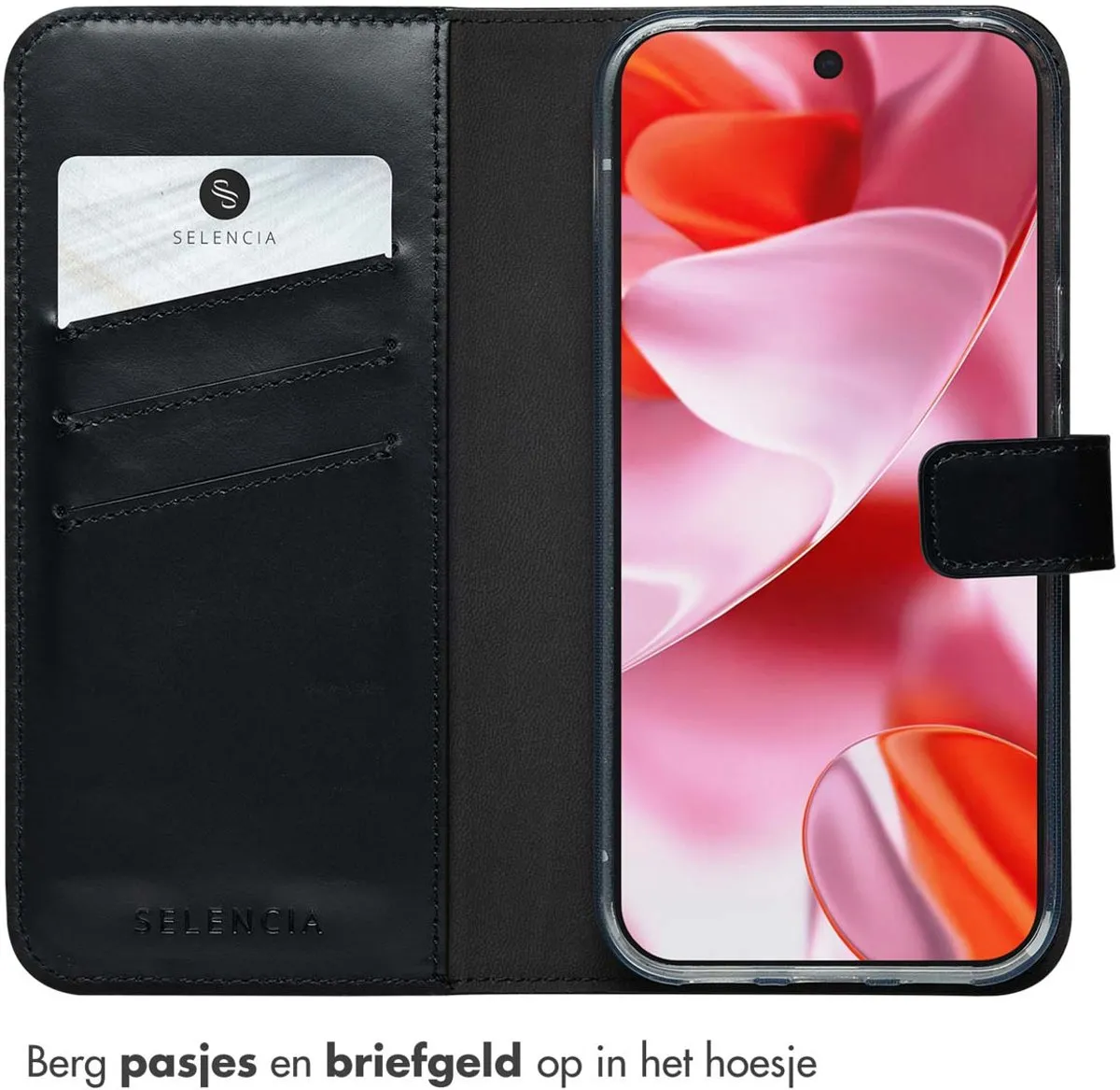 Selencia Hoesje Google Pixel 10/10 Pro - Echt Lederen Bookcase - 3 Pasjes - Zwart