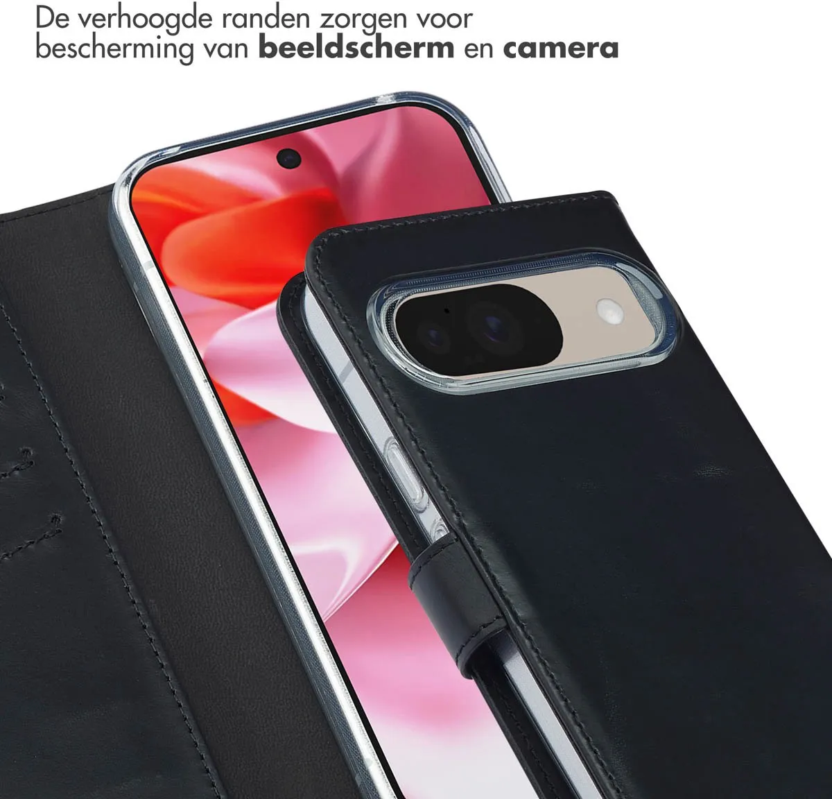Selencia Hoesje Google Pixel 10/10 Pro - Echt Lederen Bookcase - 3 Pasjes - Zwart