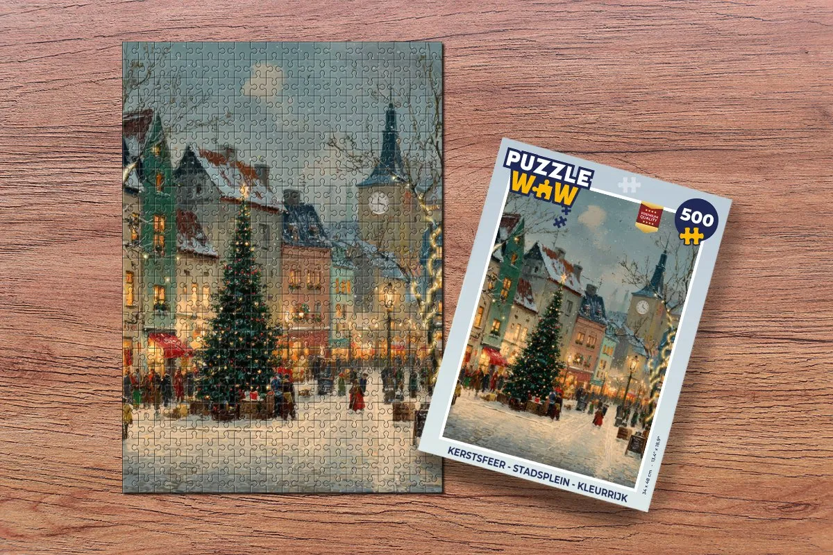 PuzzleWow Stadsplein Kerstsfeer Puzzel - 1000 Stuks - Kleurrijk