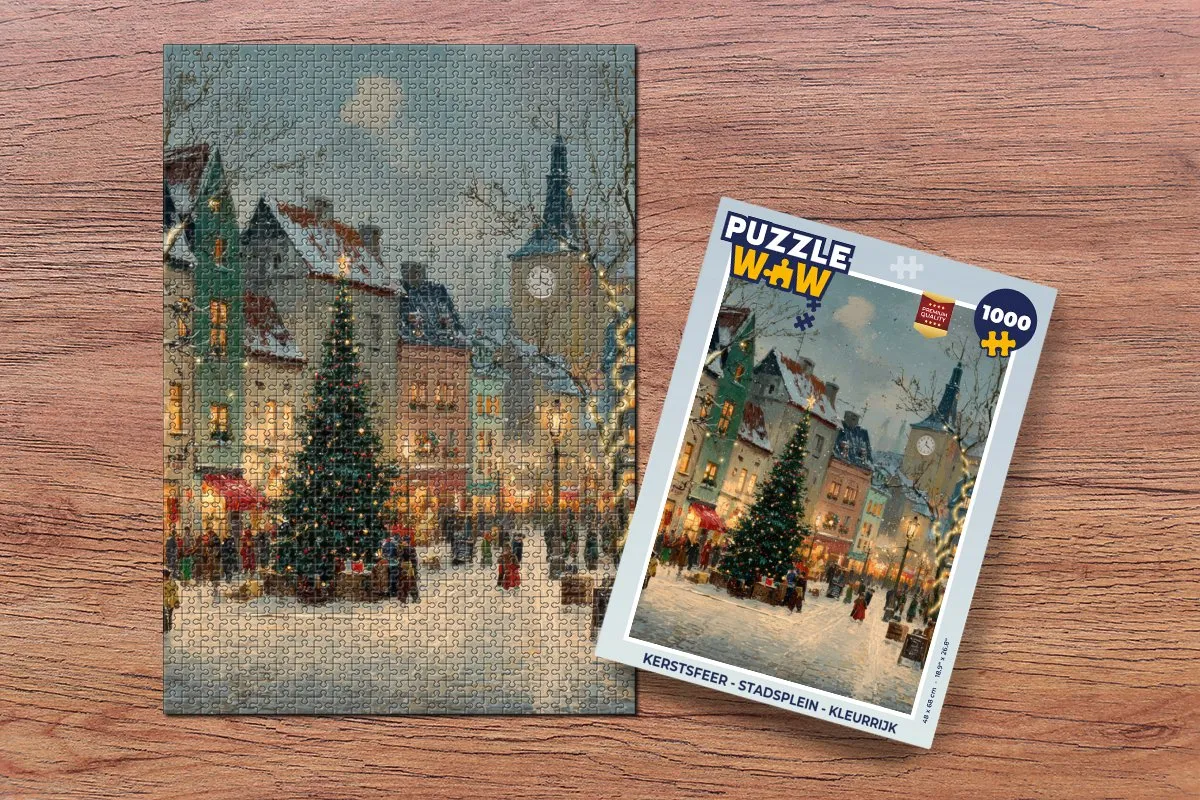 PuzzleWow Stadsplein Kerstsfeer Puzzel - 1000 Stuks - Kleurrijk