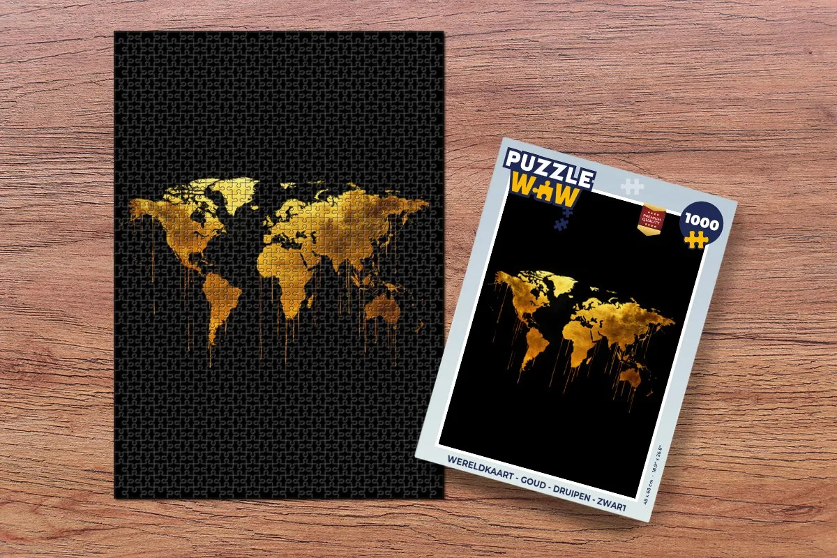 PuzzleWow Wereldkaart Legpuzzel 1000 Stuks - Goud/Zwart