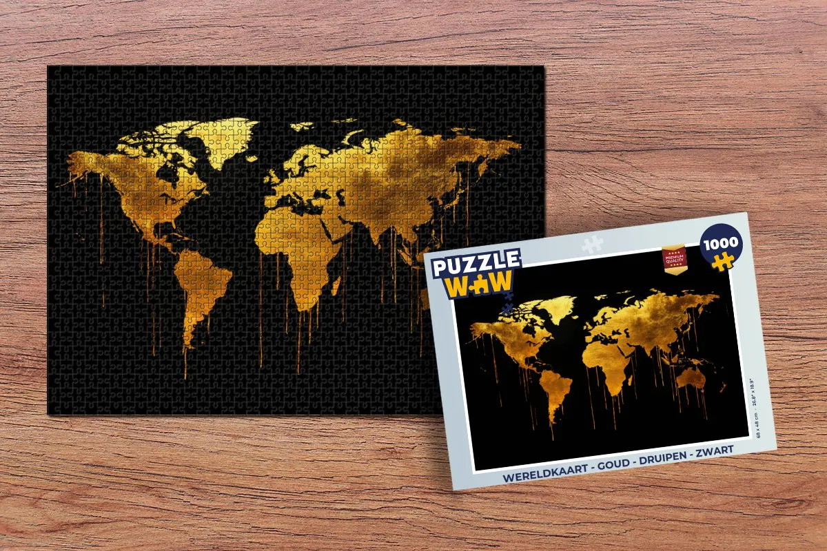 PuzzleWow Wereldkaart Legpuzzel 1000 Stuks - Goud/Zwart
