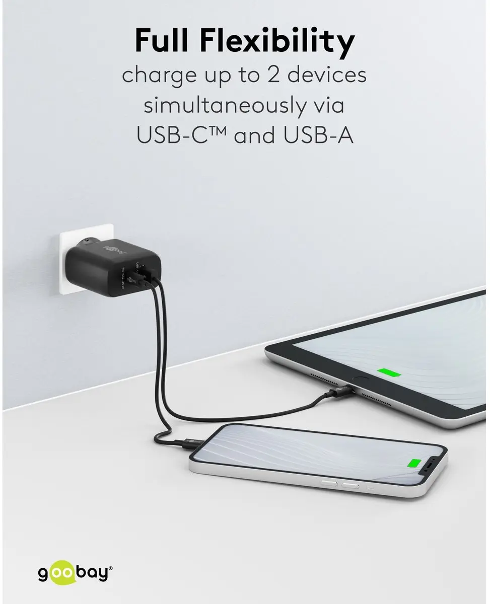 Goobay 45 W USB-C PD GaN dual snellader zwart, 1x USB-C poort (Power Delivery) e