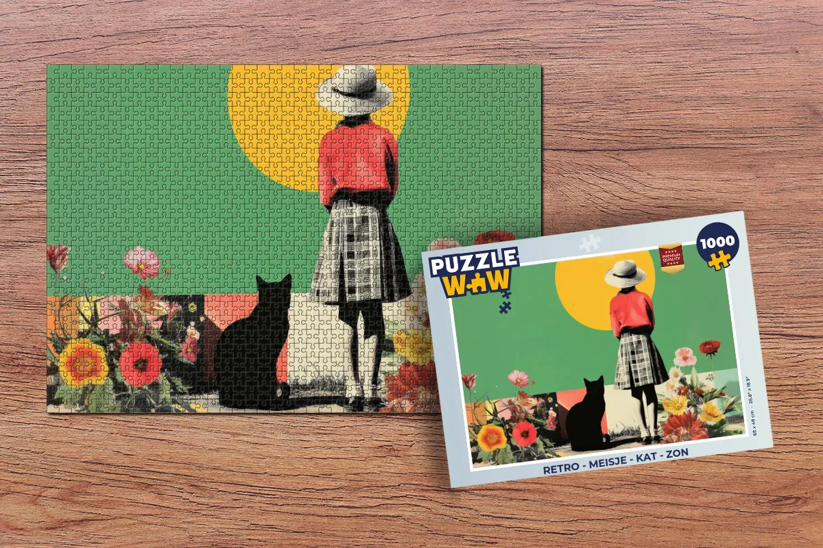 PuzzleWow Retro Meisje Kat Zon Puzzle - 1000 Stuks