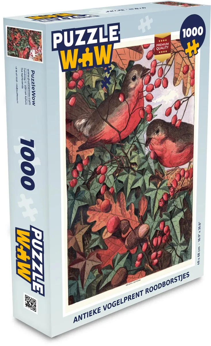 PuzzleWow Antieke Vogelprent Roodborstjes Legpuzzel 1000 Stuks - Multicolor