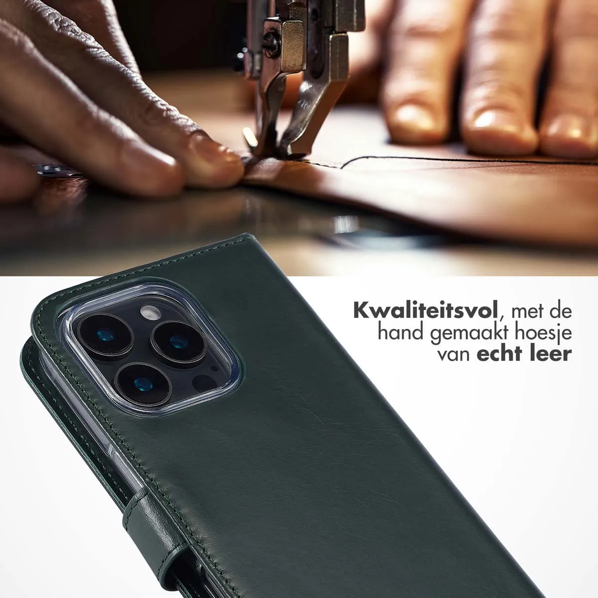 Selencia Hoesje iPhone 16 Pro - Groen Lederen Bookcase - 3 Pasjes