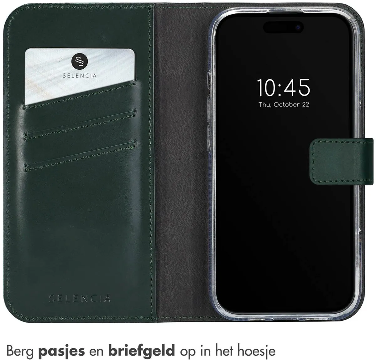 Selencia Hoesje iPhone 16 Pro - Groen Lederen Bookcase - 3 Pasjes