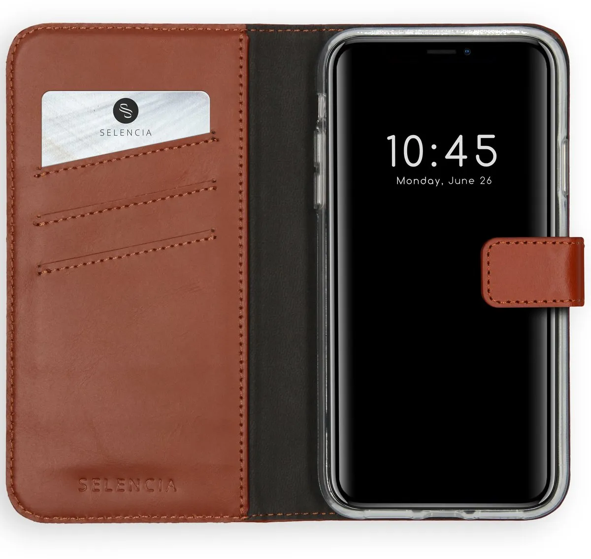 Selencia Hoesje iPhone Xs Lichtbruin - Echt Lederen Bookcase - 3 Pasjes