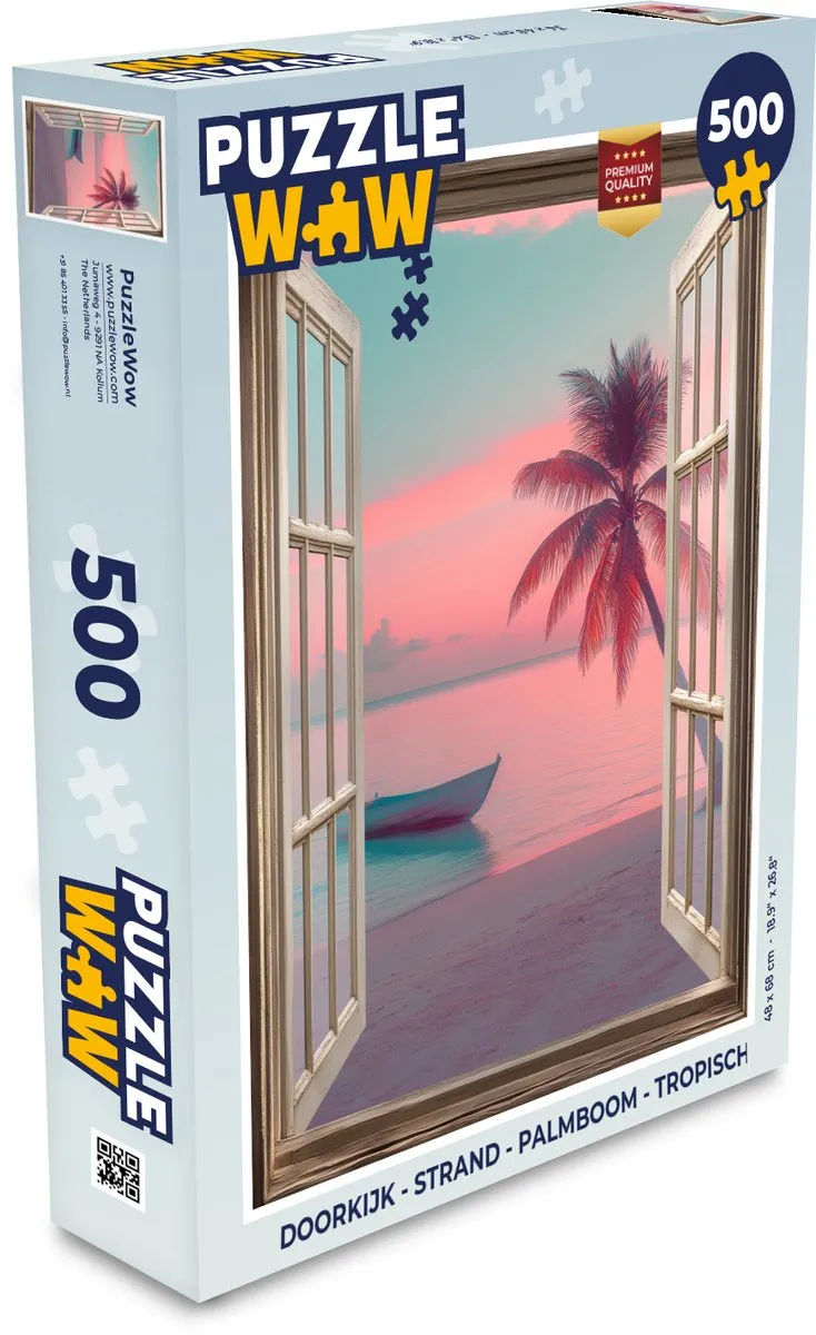PuzzleWow Doorkijk Strand Palmboom Legpuzzel 500 Stuks - Roze
