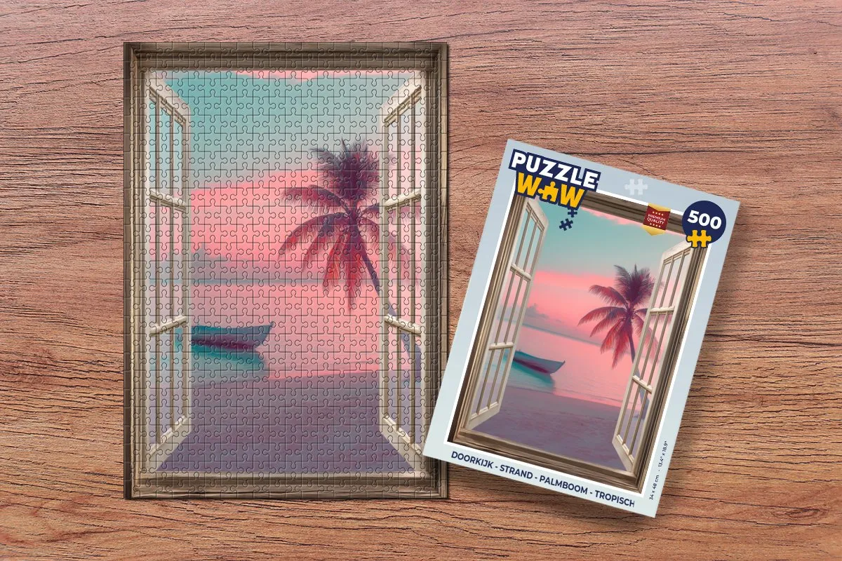 PuzzleWow Doorkijk Strand Palmboom Legpuzzel 500 Stuks - Roze