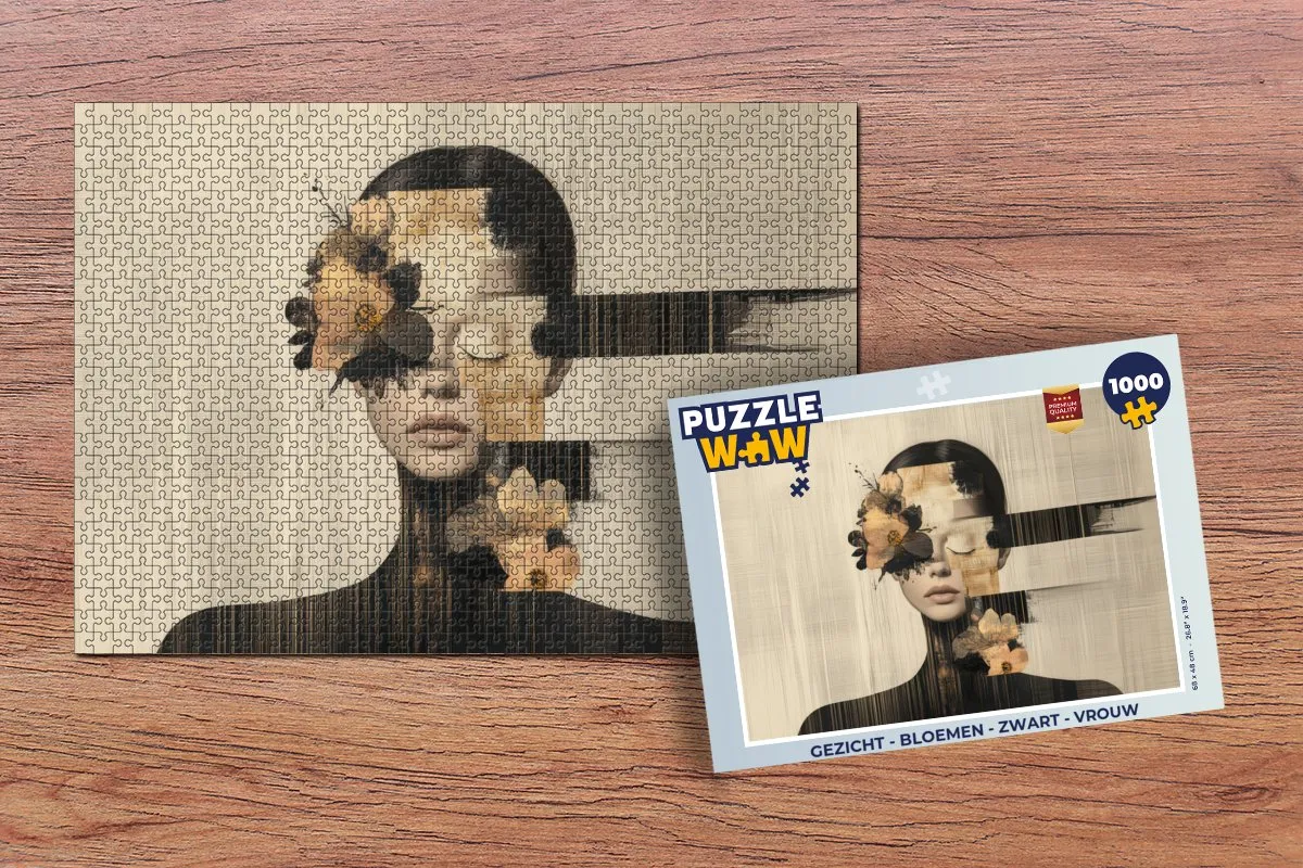 PuzzleWow Gezicht Bloemen Legpuzzel 1000 Stuks - Zwart/Goud/Beige