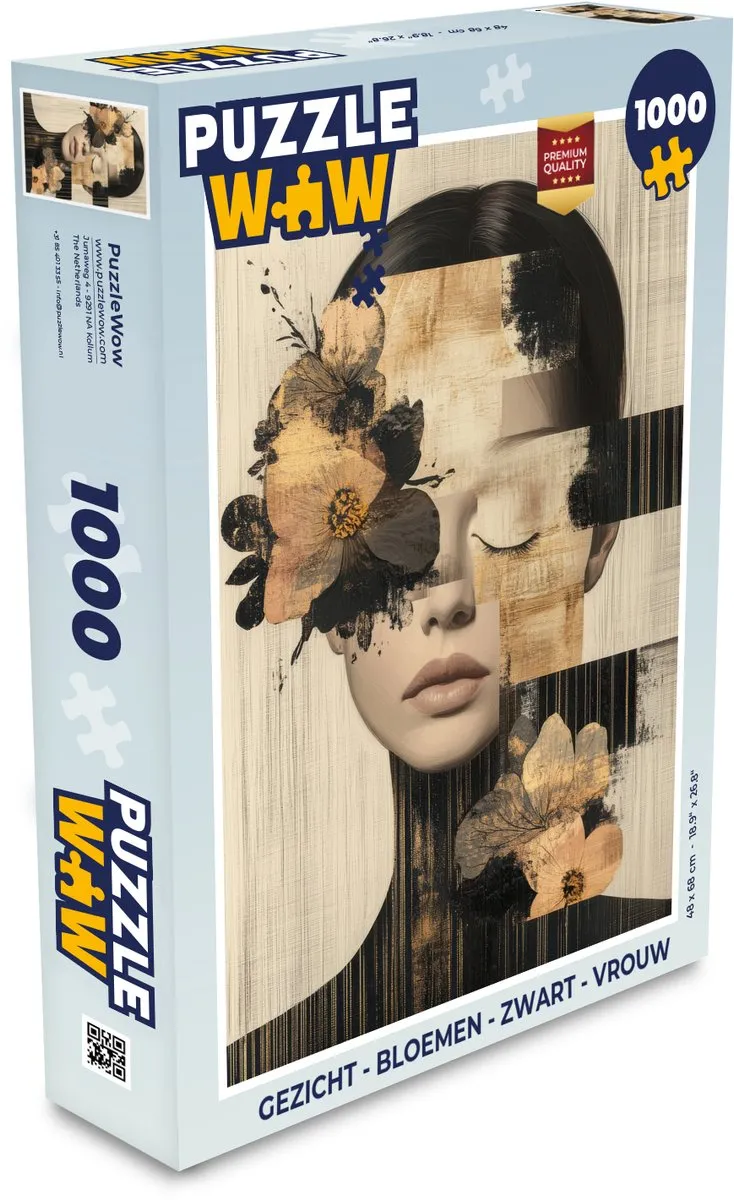 PuzzleWow Gezicht Bloemen Legpuzzel 1000 Stuks - Zwart/Goud/Beige