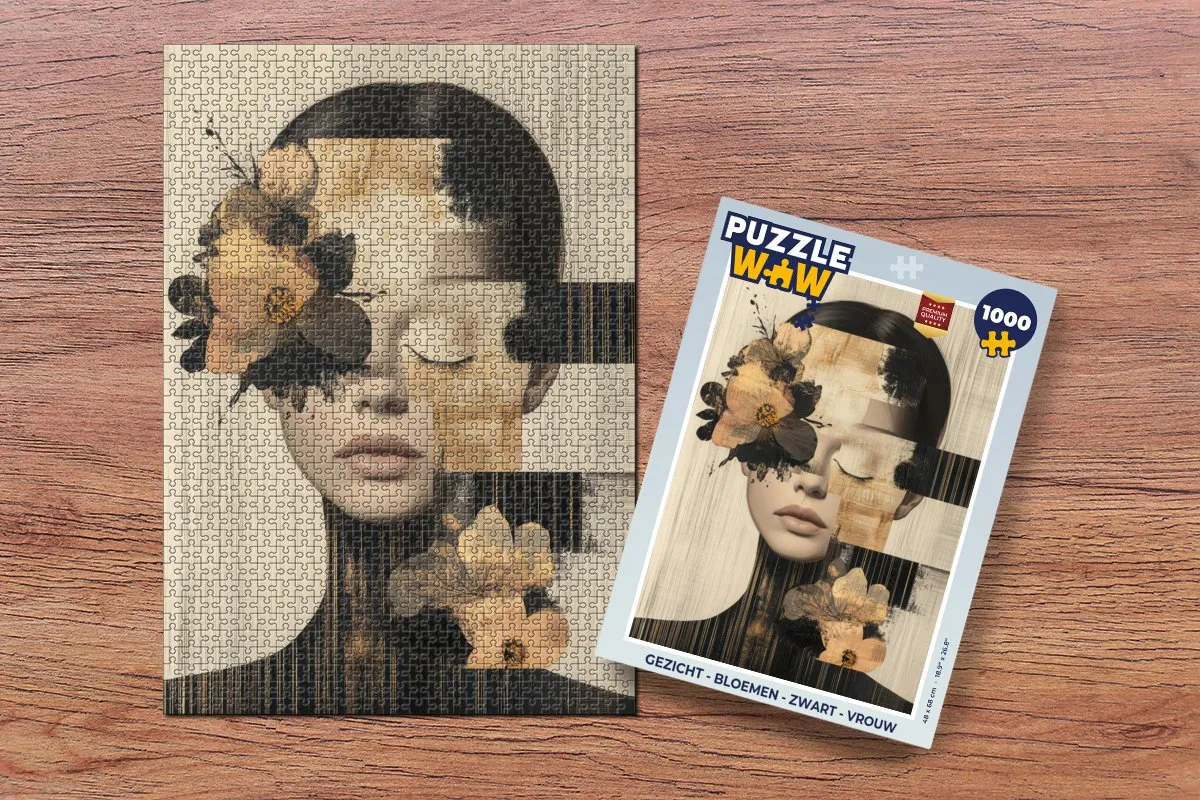 PuzzleWow Gezicht Bloemen Legpuzzel 1000 Stuks - Zwart/Goud/Beige