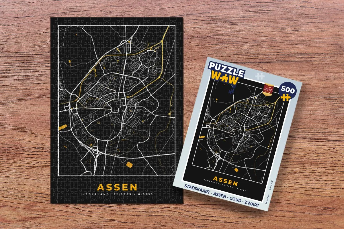 PuzzleWow Stadskaart Assen Legpuzzel 500 Stuks - Goud/Zwart