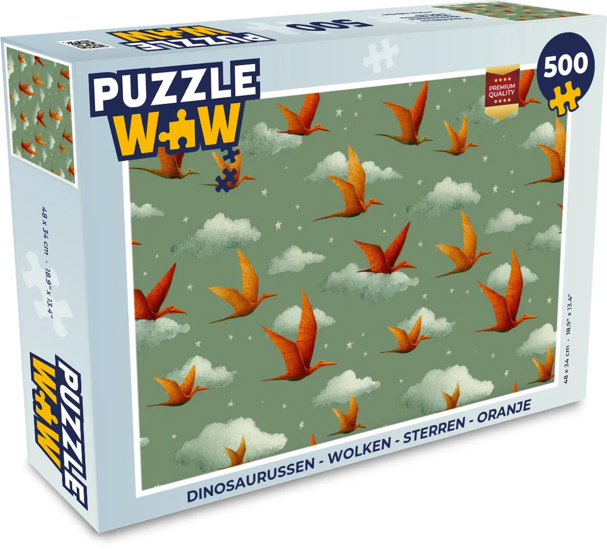 PuzzleWow Legpuzzel 500 Stuks - Dinosaurussen/Wolken - Oranje