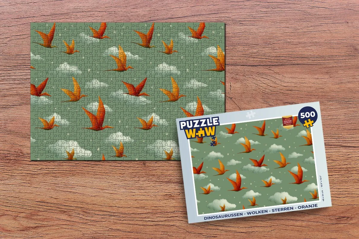 PuzzleWow Legpuzzel 500 Stuks - Dinosaurussen/Wolken - Oranje