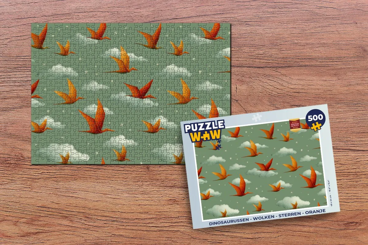 PuzzleWow Legpuzzel 500 Stuks - Dinosaurussen/Wolken - Oranje