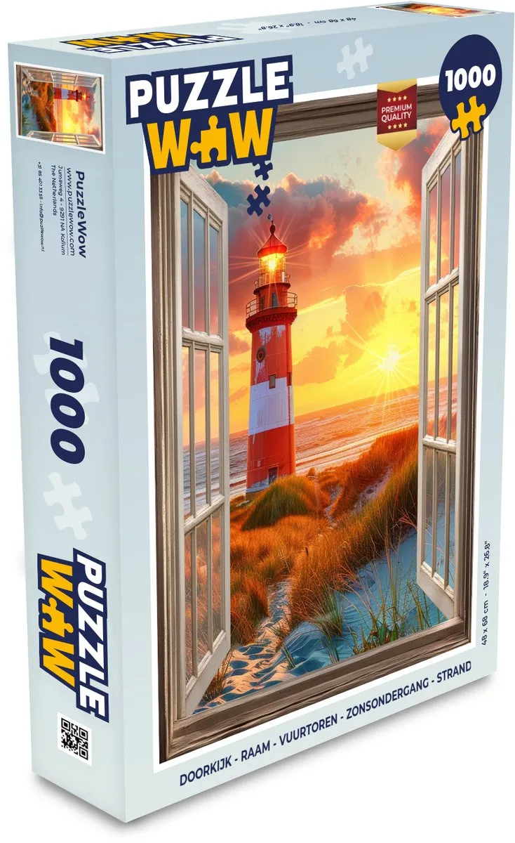 PuzzleWow Doorkijk Raam Puzzel 1000 Stuks - Vuurtoren & Zonsondergang