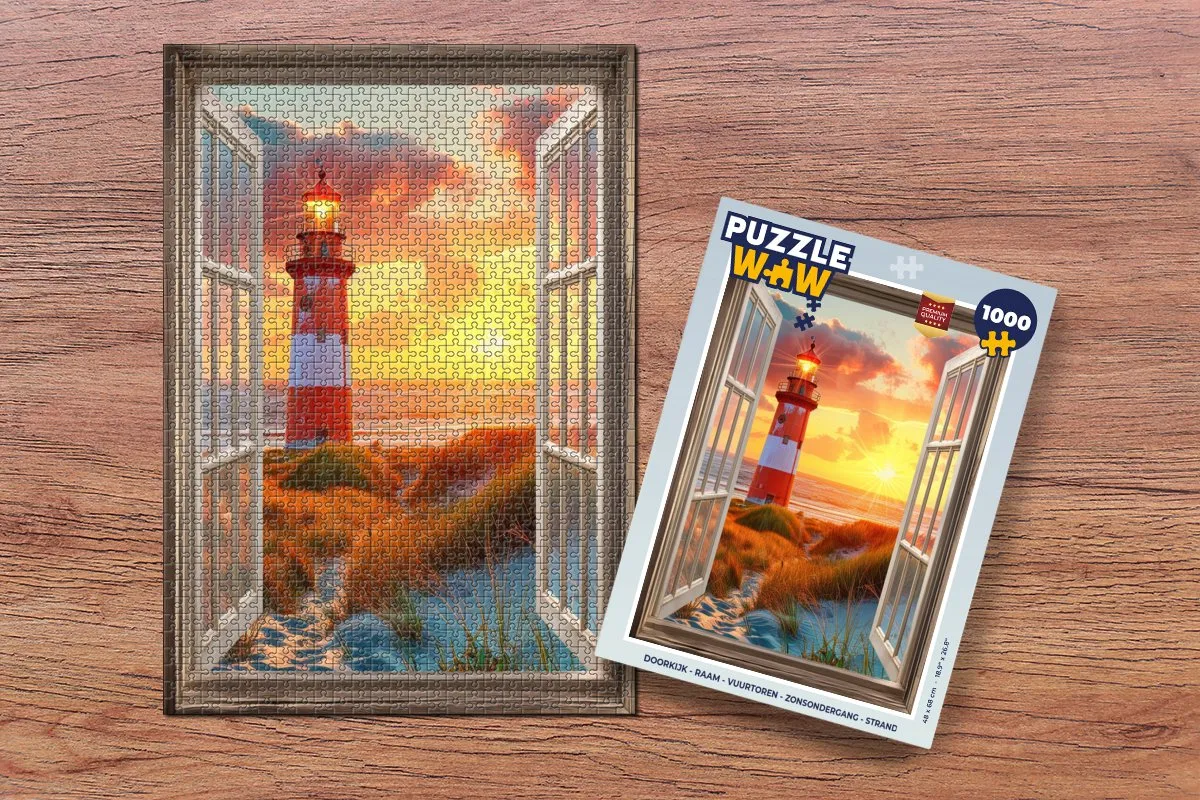 PuzzleWow Doorkijk Raam Puzzel 1000 Stuks - Vuurtoren & Zonsondergang