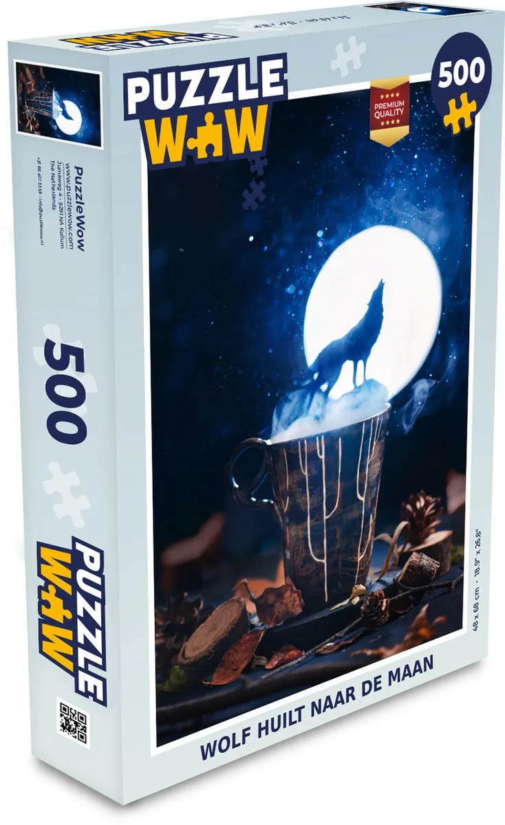 PuzzleWow Wolf huilt naar de maan Legpuzzel 500 Stuks - Multicolor